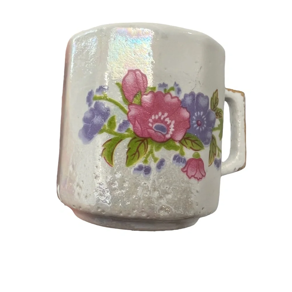 1970s WAHBEH OF CHINA LUSTERWARE PINK & PURPLE FLORAL CUPS & SAUCERS - SET OF 6